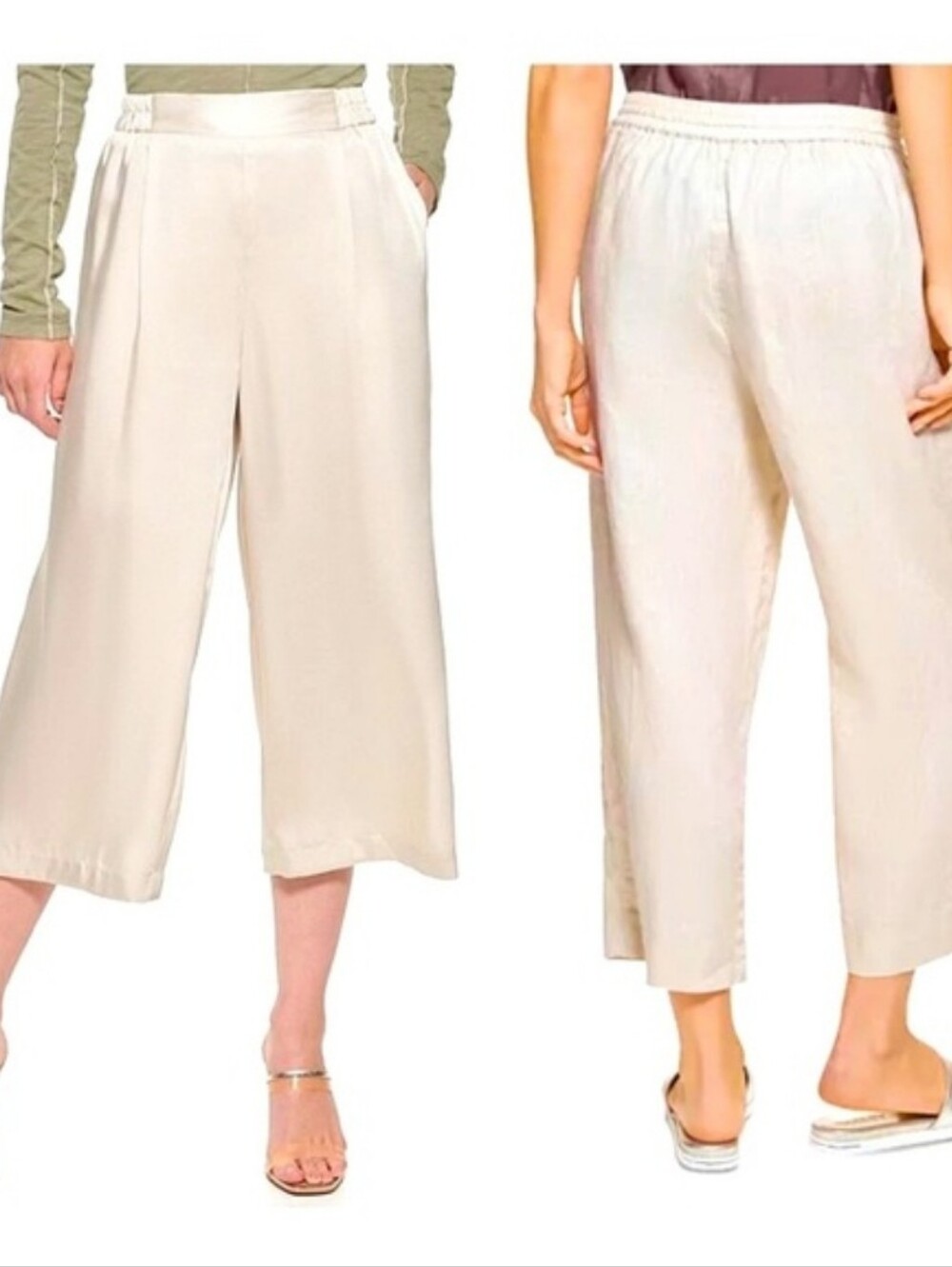 DKNY Cream Wide-Leg Crop Satin Dress Pants
